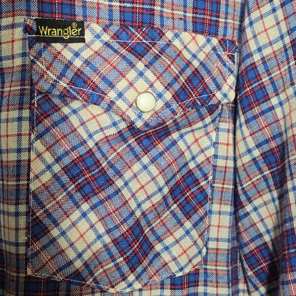 Vintage Wrangler Pearl Snap Long Sleeve Western Button Down Shirt Blue Tan Red L - Picture 5 of 7